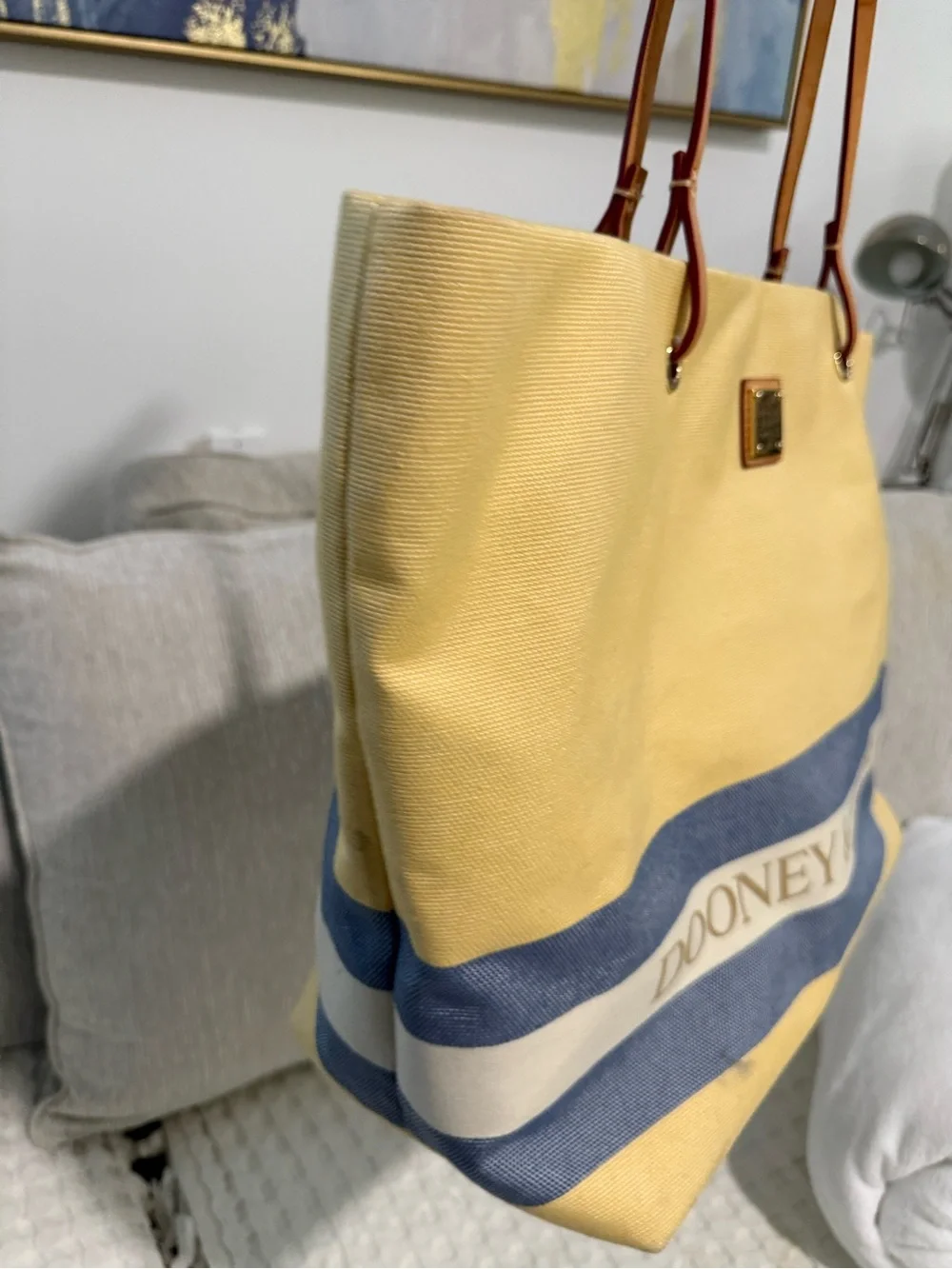 Dooney & Bourke Yellow Canvas Tote with Blue & Cream Stripes